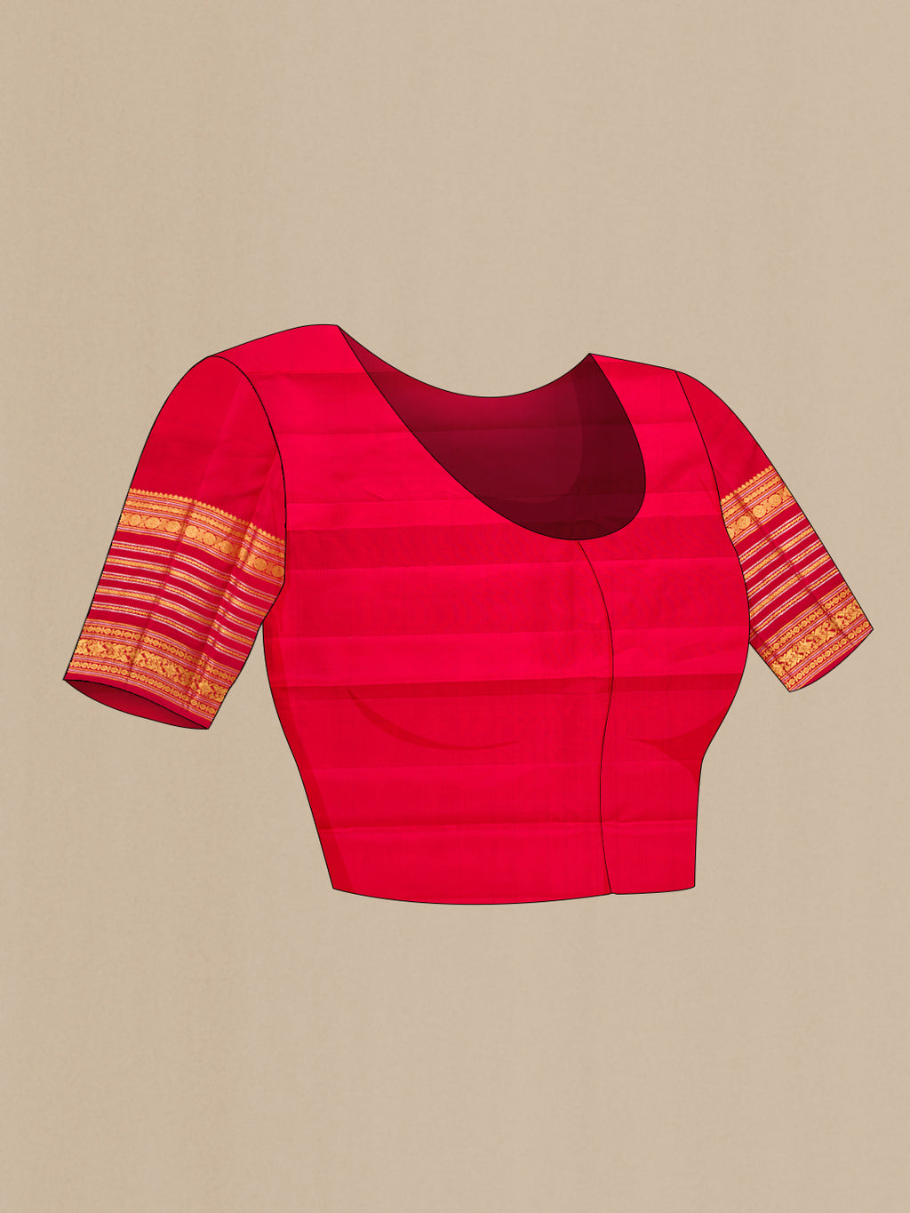 Close up image of the blouse of Red Kanjivaram Silk Saree with Checked design on the body and Zari Border. 