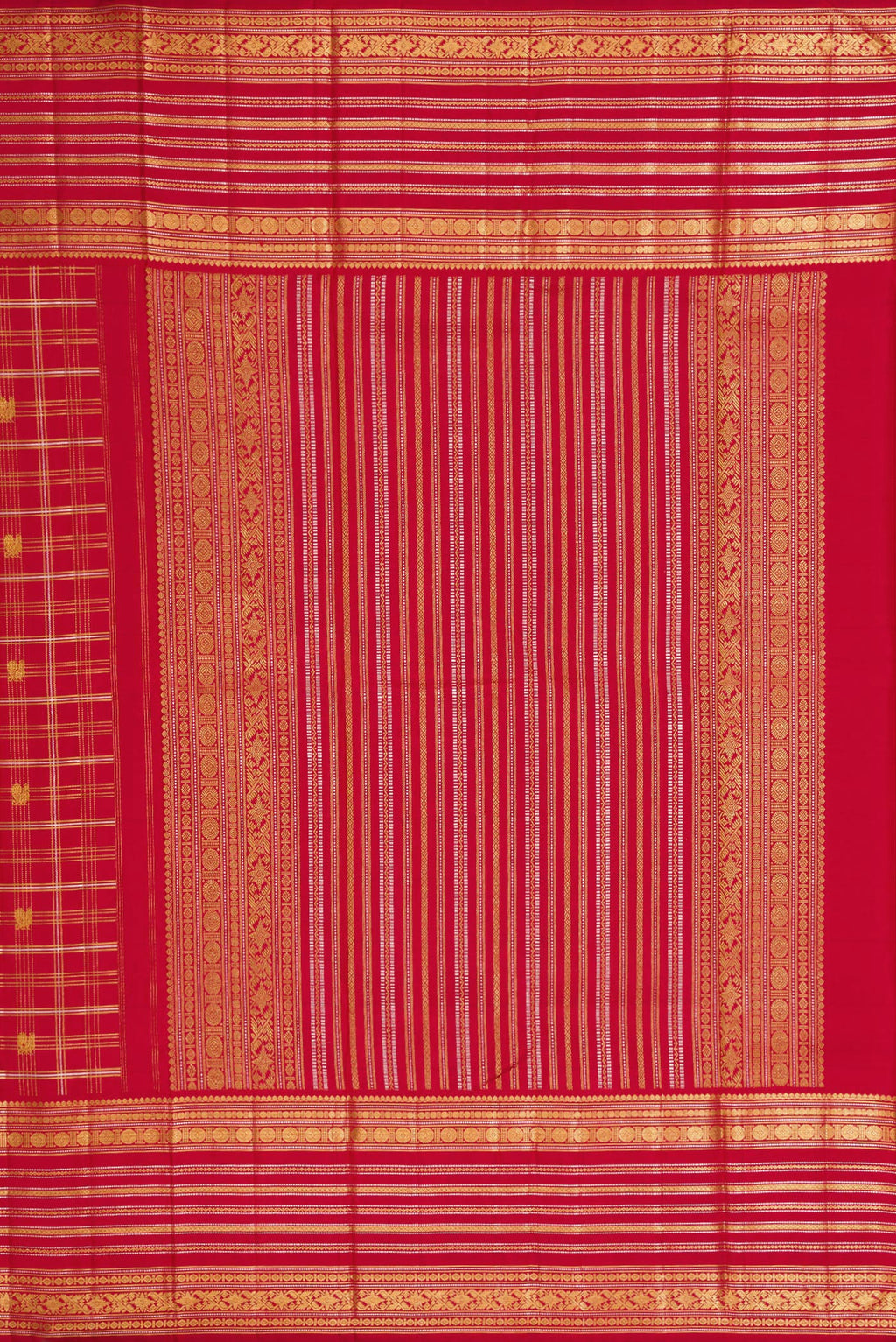 Close up image of the pallu of Red Kanjivaram Silk Saree with Checked design on the body and Zari Border. 