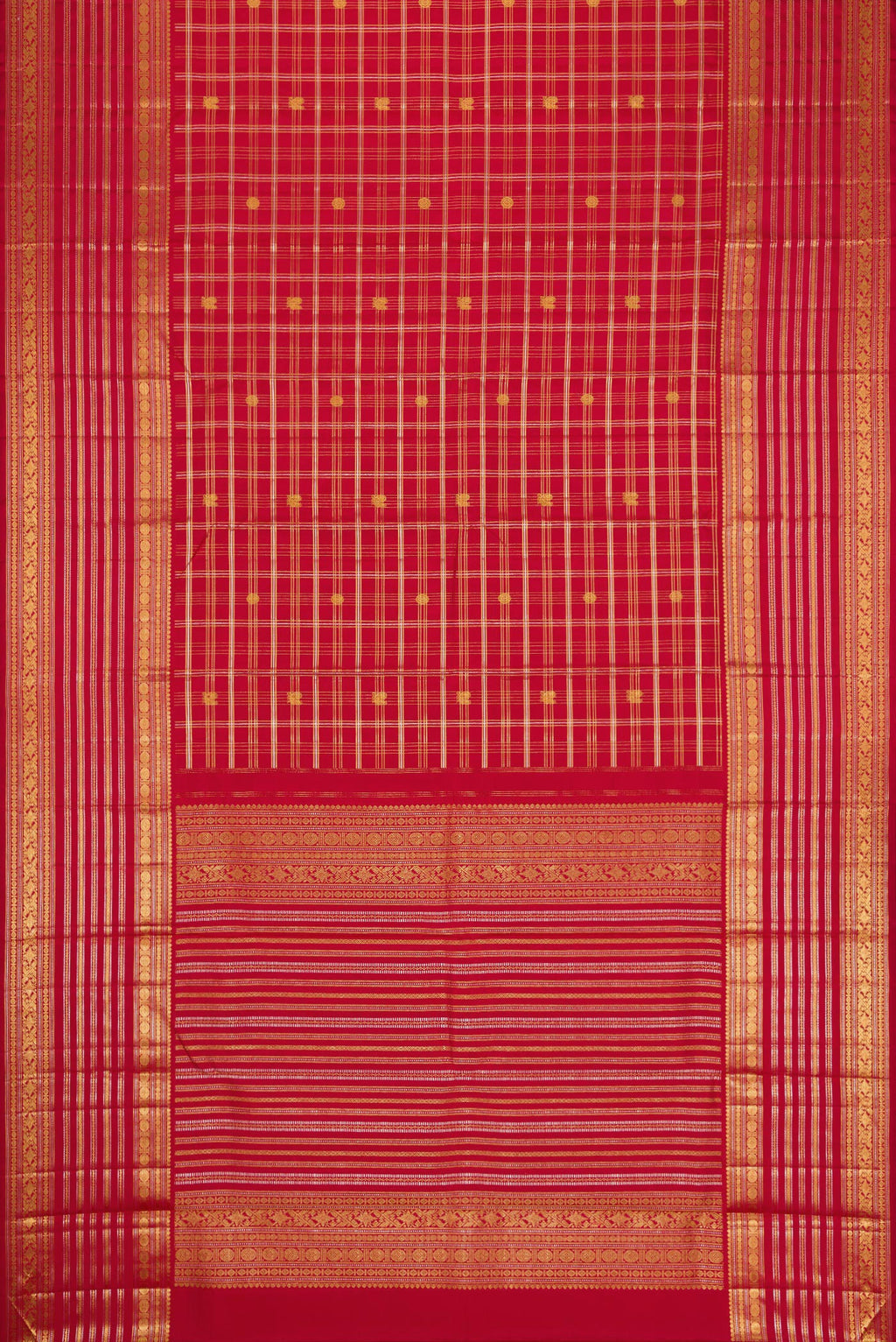 Flat view of Red Kanjivaram Silk Saree with Checked design on the body and Zari Border. 