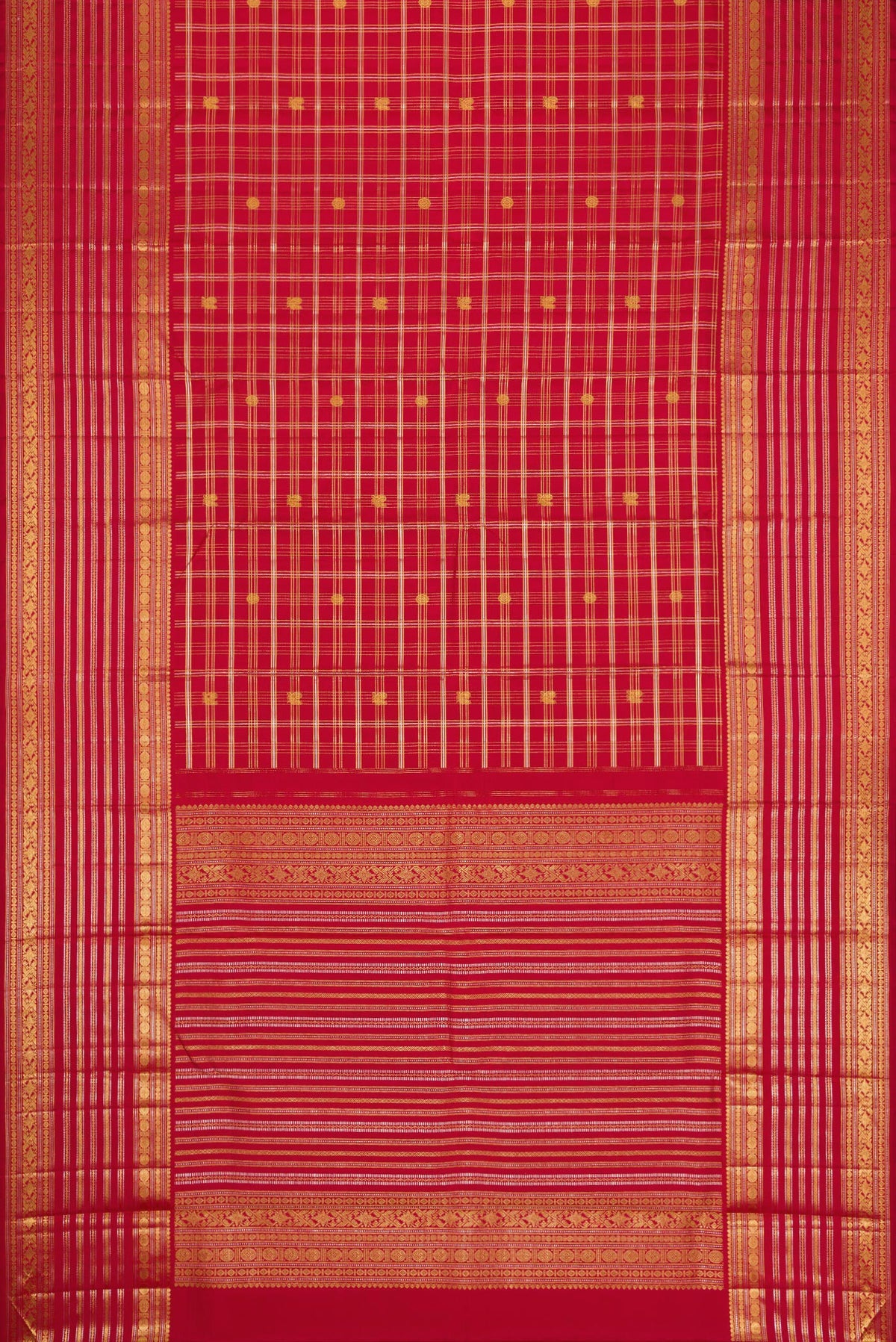 Flat view of Red Kanjivaram Silk Saree with Checked design on the body and Zari Border. 
