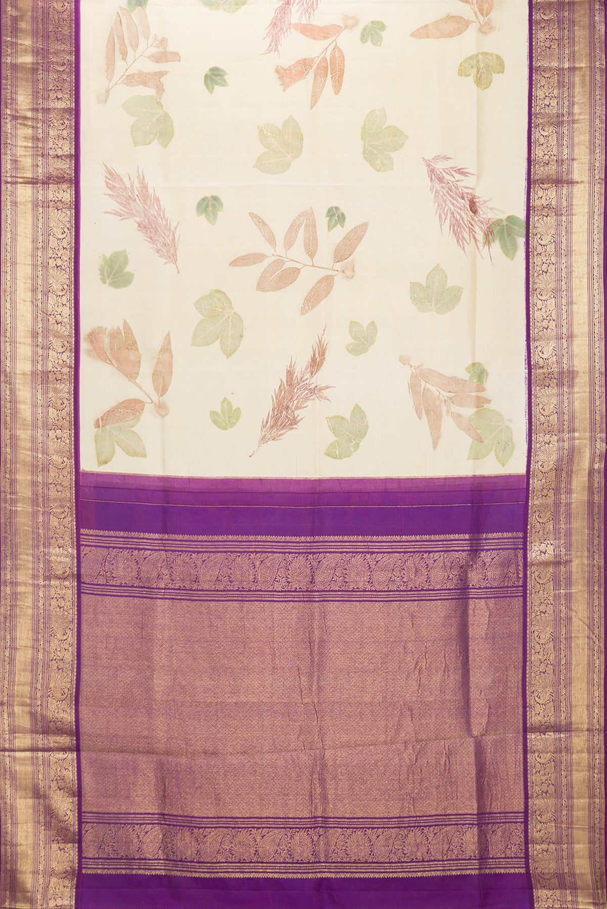 Flat view of Beige Dual Tone Kanchipuram Silk Saree with Printed design on the body and Zari Border. 