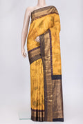 Mustard Dual Tone Kanchipuram Silk Saree with Printed design on the body and Zari Border.  displayed on a mannequin
