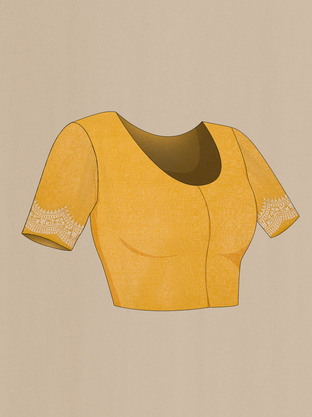 Close up image of the blouse of Mustard Dual Tone Organza Silk Saree with Embroidery on the body and Embroidery Border. 