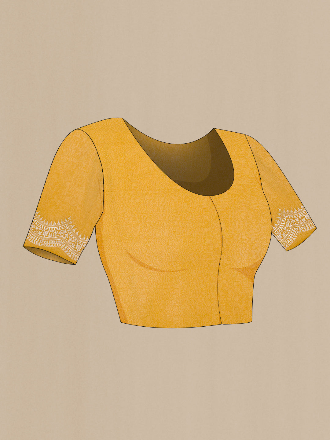 Close up image of the blouse of Mustard Dual Tone Organza Silk Saree with Embroidery on the body and Embroidery Border. 