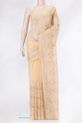 Sandal Dual Tone Organza Silk Saree with Embroidery on the body and Embroidery Border.  displayed on a mannequin