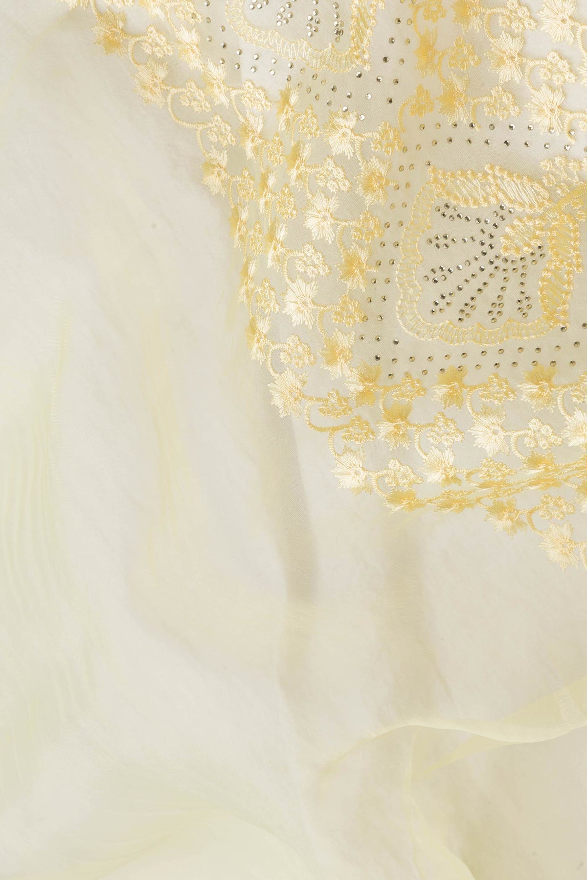 Close up of Yellow Dual Tone Organza Silk Saree with Embroidery on the body and Embroidery Border.  displaying folds