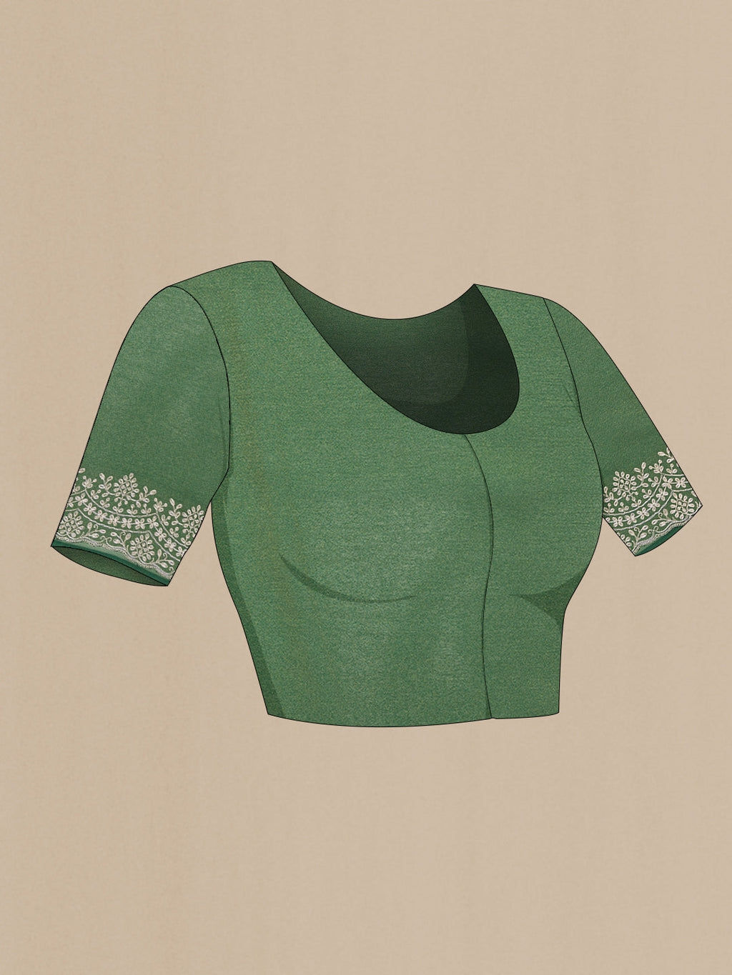 Close up image of the blouse of Green Dual Tone Organza Silk Saree with Embroidery on the body and Embroidery Border. 