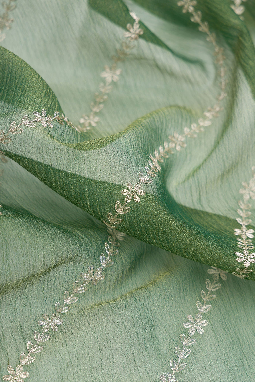 Close up of Green Dual Tone Organza Silk Saree with Embroidery on the body and Embroidery Border.  displaying folds