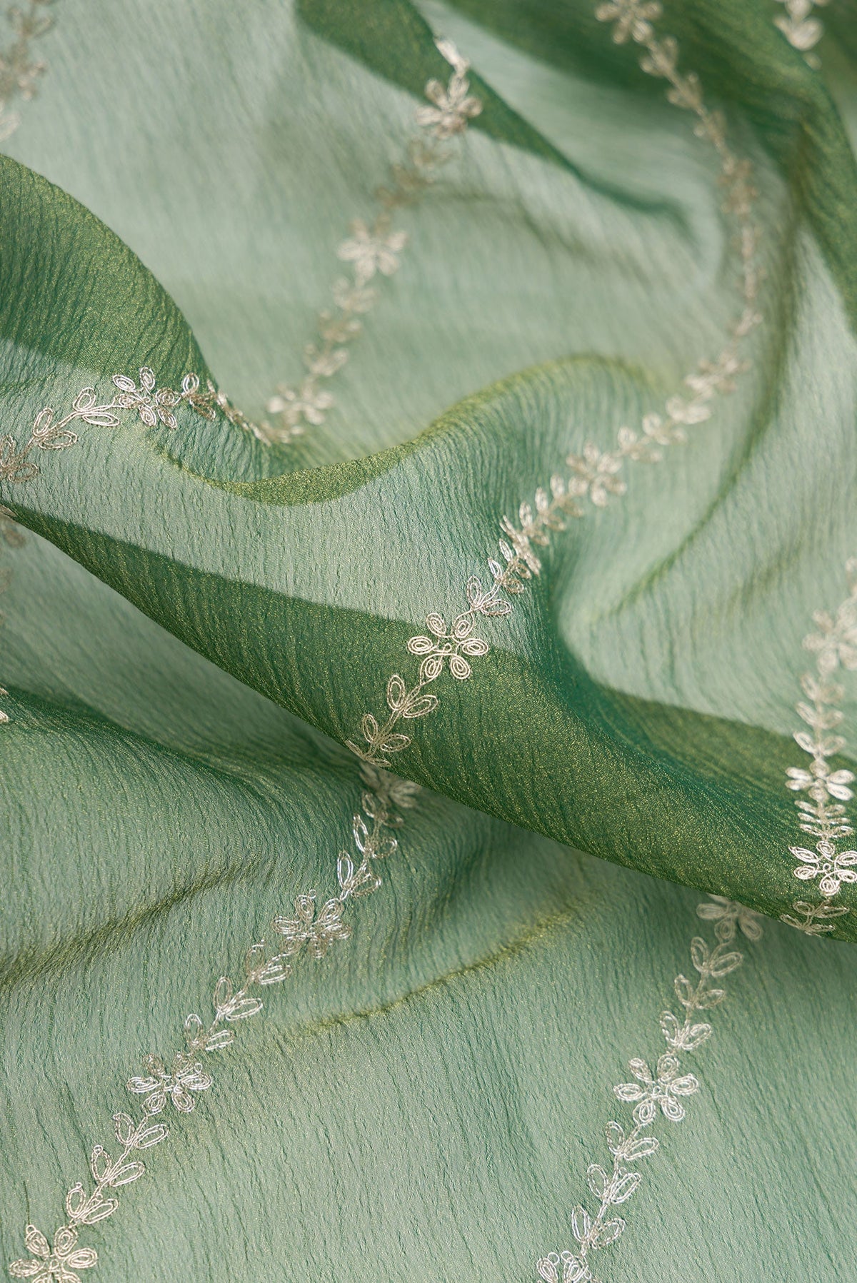Close up of Green Dual Tone Organza Silk Saree with Embroidery on the body and Embroidery Border.  displaying folds