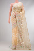 Sandal Dual Tone Organza Silk Saree with Embroidery on the body and Embroidery Border.  displayed on a mannequin