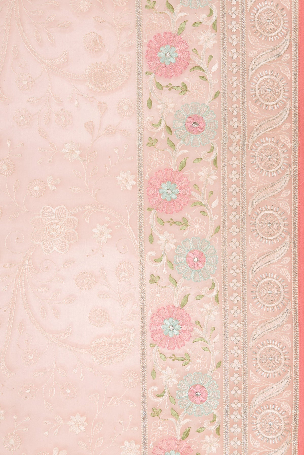 Border image of Golden Peach Dual Tone Organza Silk Saree with Embroidery on the body and Embroidery Border. 