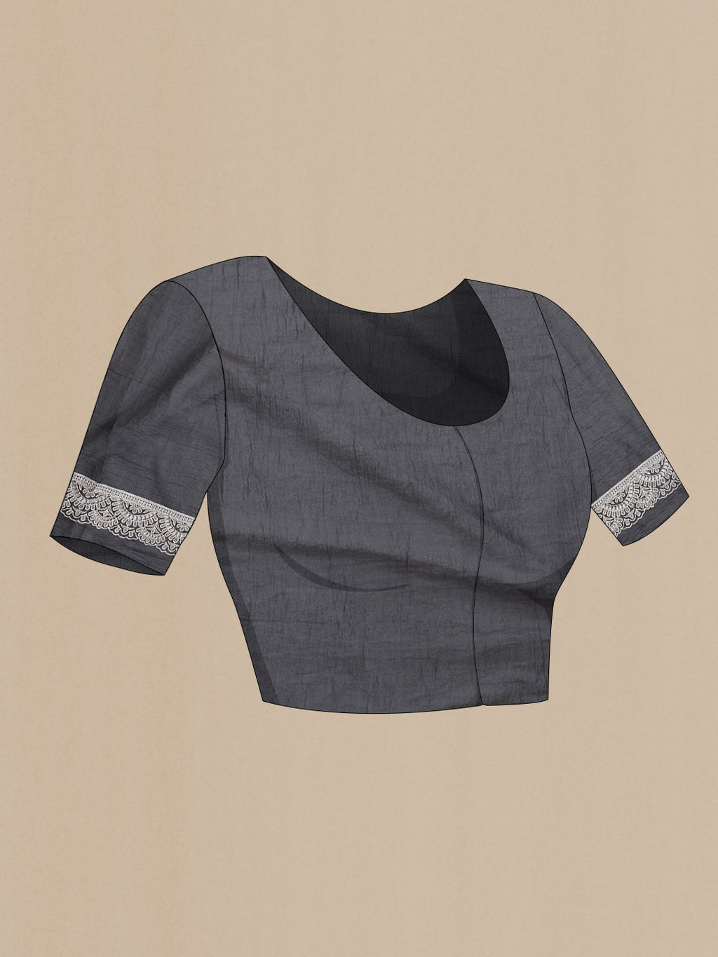 Close up image of the blouse of Black Dual Tone Organza Silk Saree with Embroidery on the body and Embroidery Border. 