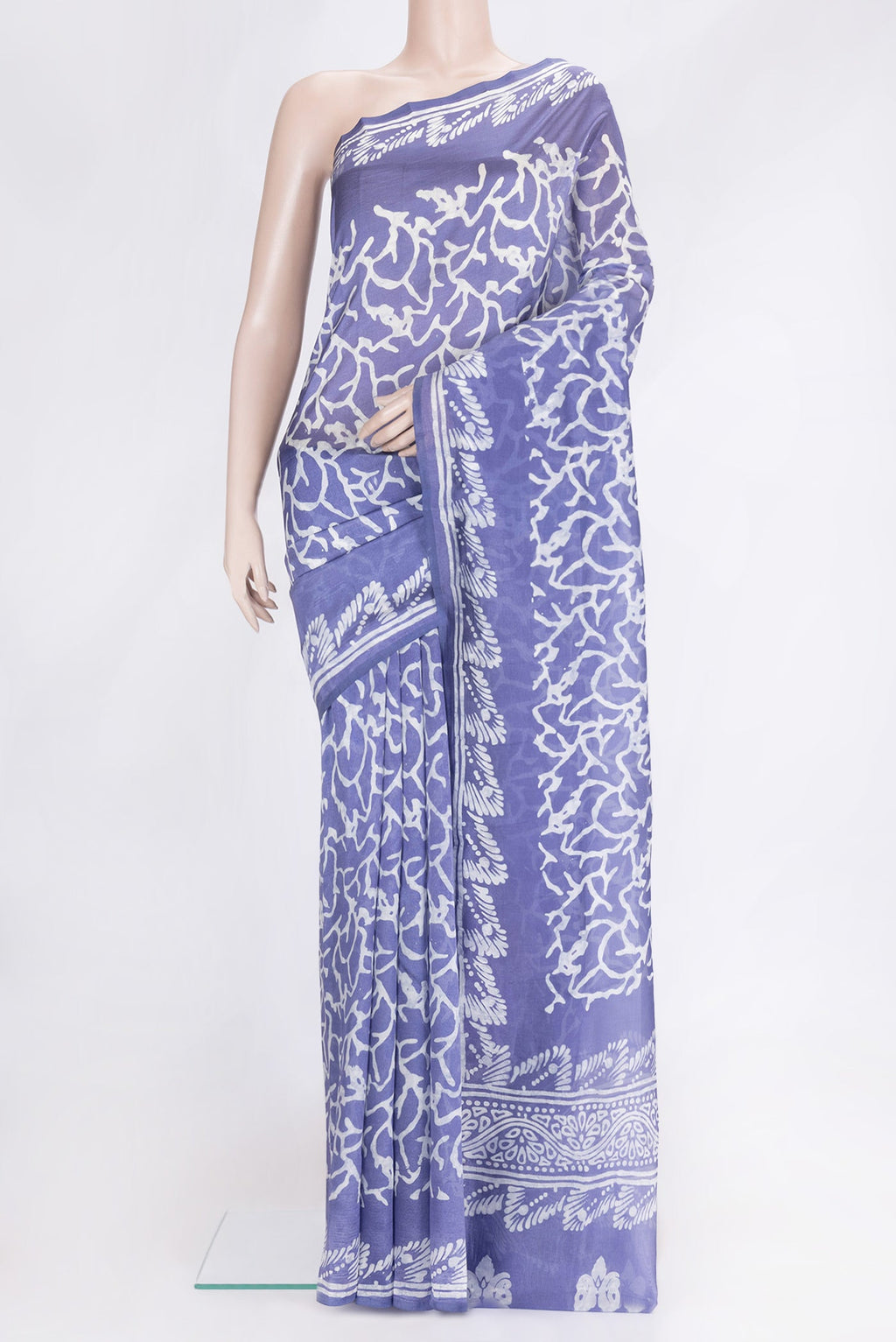 Violet Dual Tone Tussar Silk Saree with Printed design on the body and Printed Border.  displayed on a mannequin