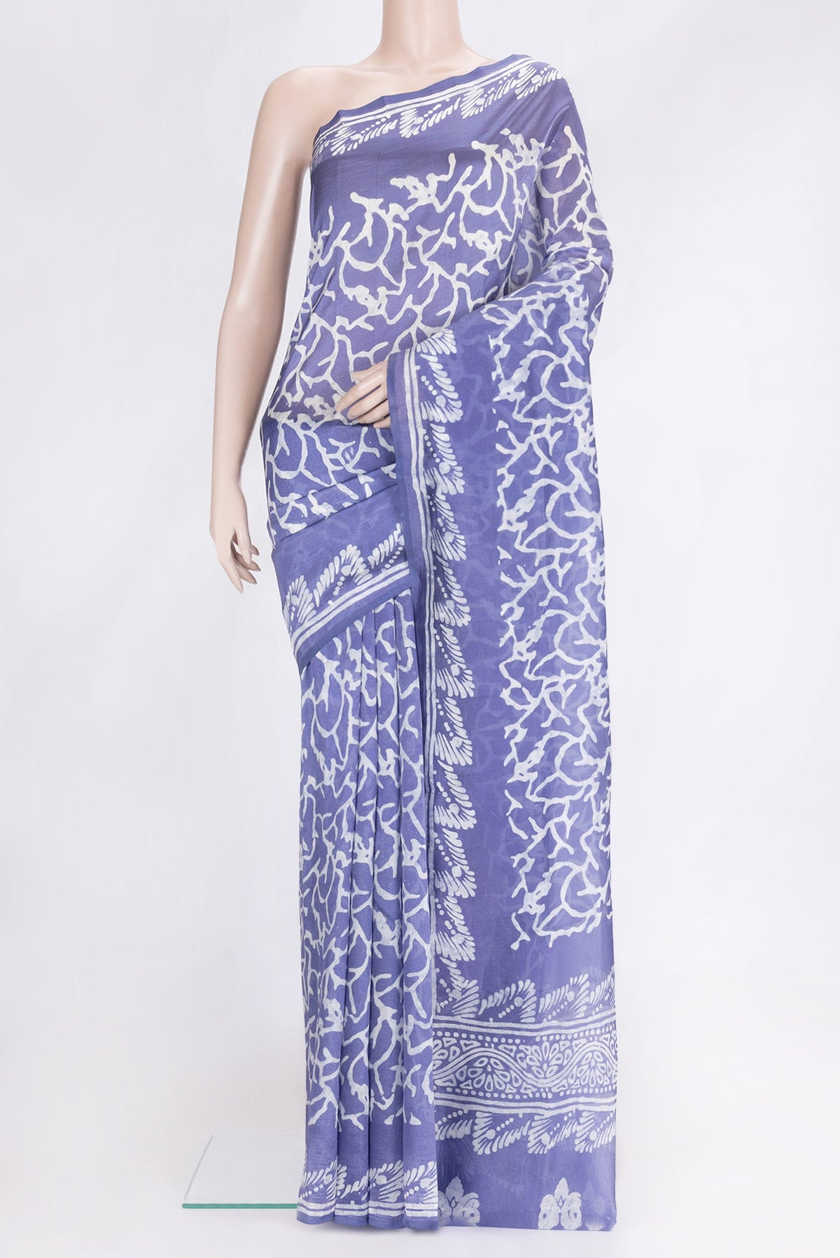 Violet Dual Tone Tussar Silk Saree with Printed design on the body and Printed Border.  displayed on a mannequin
