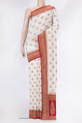 Off White Banarasi Georgette Saree with Zari Butta on the body and Zari Border.  displayed on a mannequin