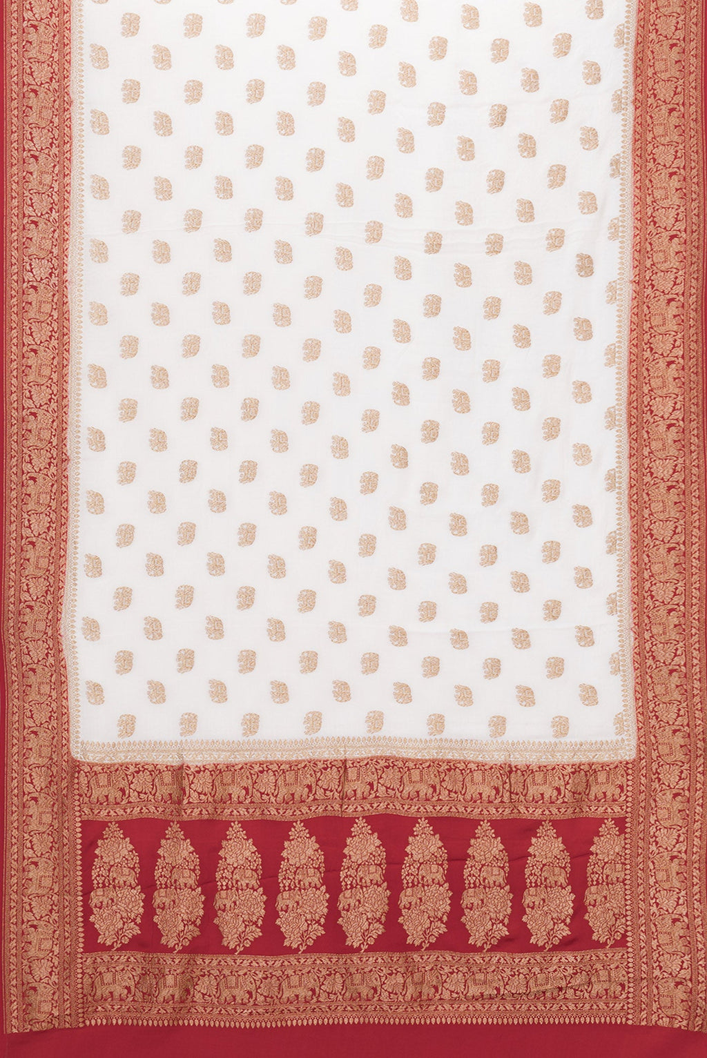 Flat view of Off White Banarasi Georgette Saree with Zari Butta on the body and Zari Border. 