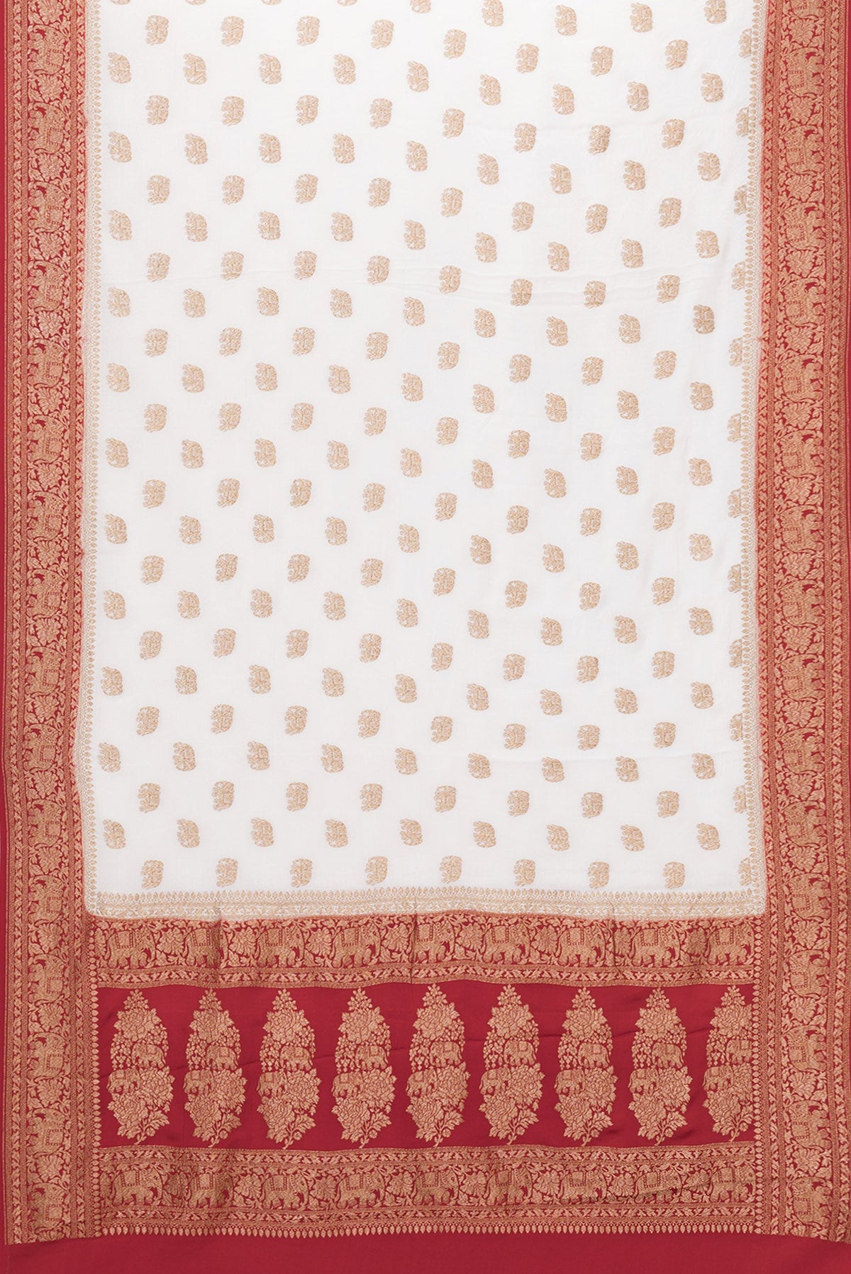 Flat view of Off White Banarasi Georgette Saree with Zari Butta on the body and Zari Border. 