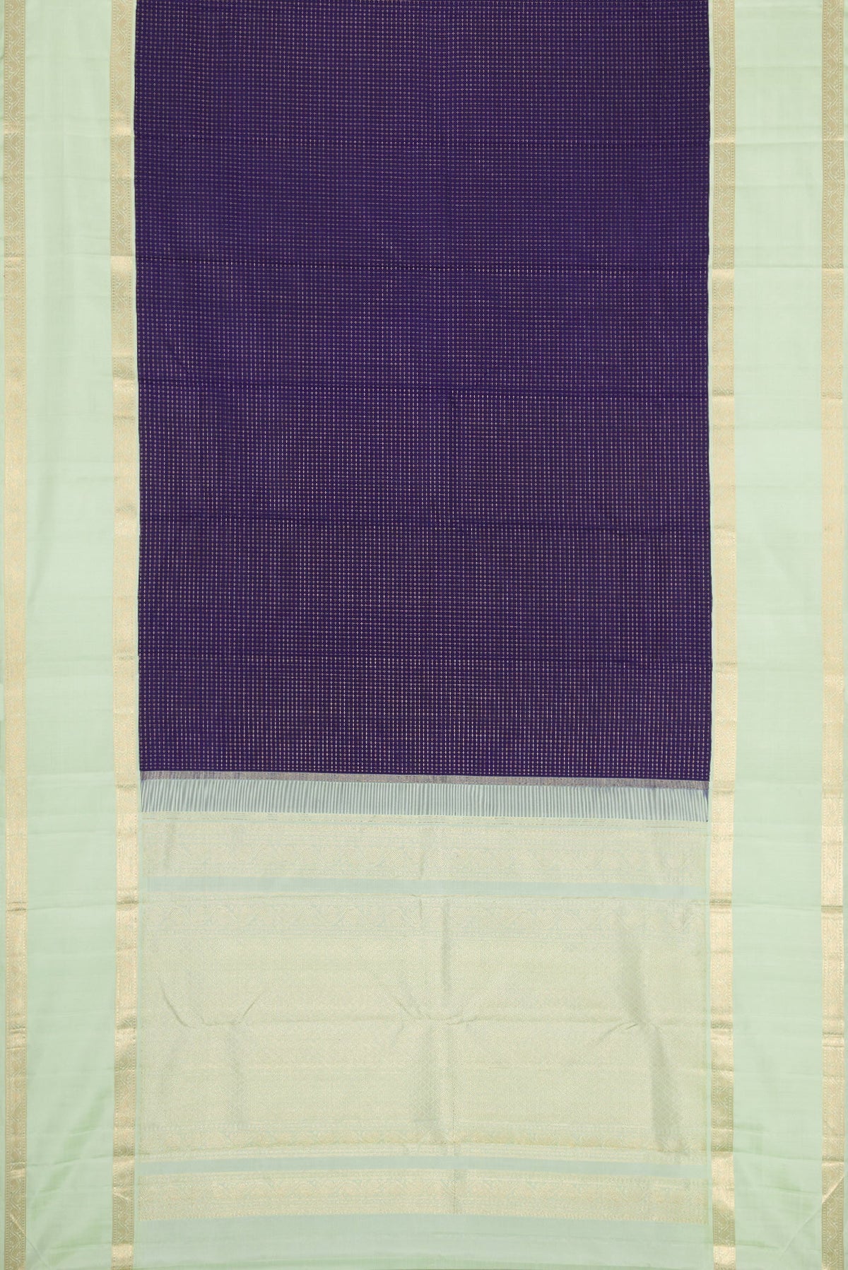 Flat view of Navy Blue Dual Tone Kanjivaram Silk Saree with Checked design on the body and Zari Border. 