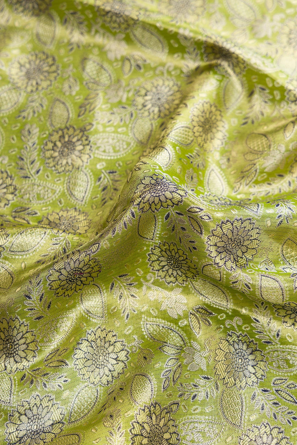 Close up of Pista Green Dual Tone Kanchipuram Tissue Silk Saree with Zari Brocade on the body and Zari Border.  displaying folds