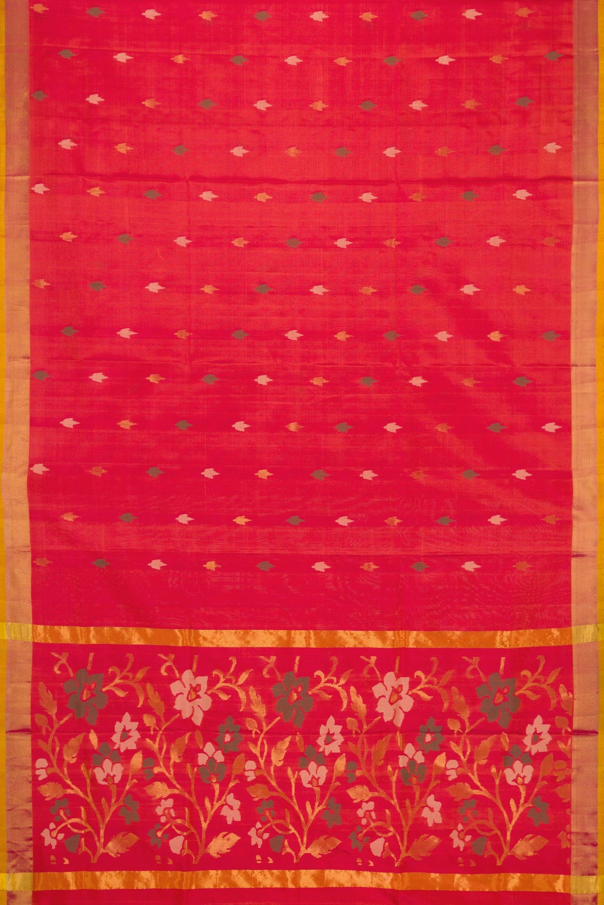 Flat view of Coral Dual Tone Uppada Silk Saree with Zari And Thread Butta on the body and Zari Border. 