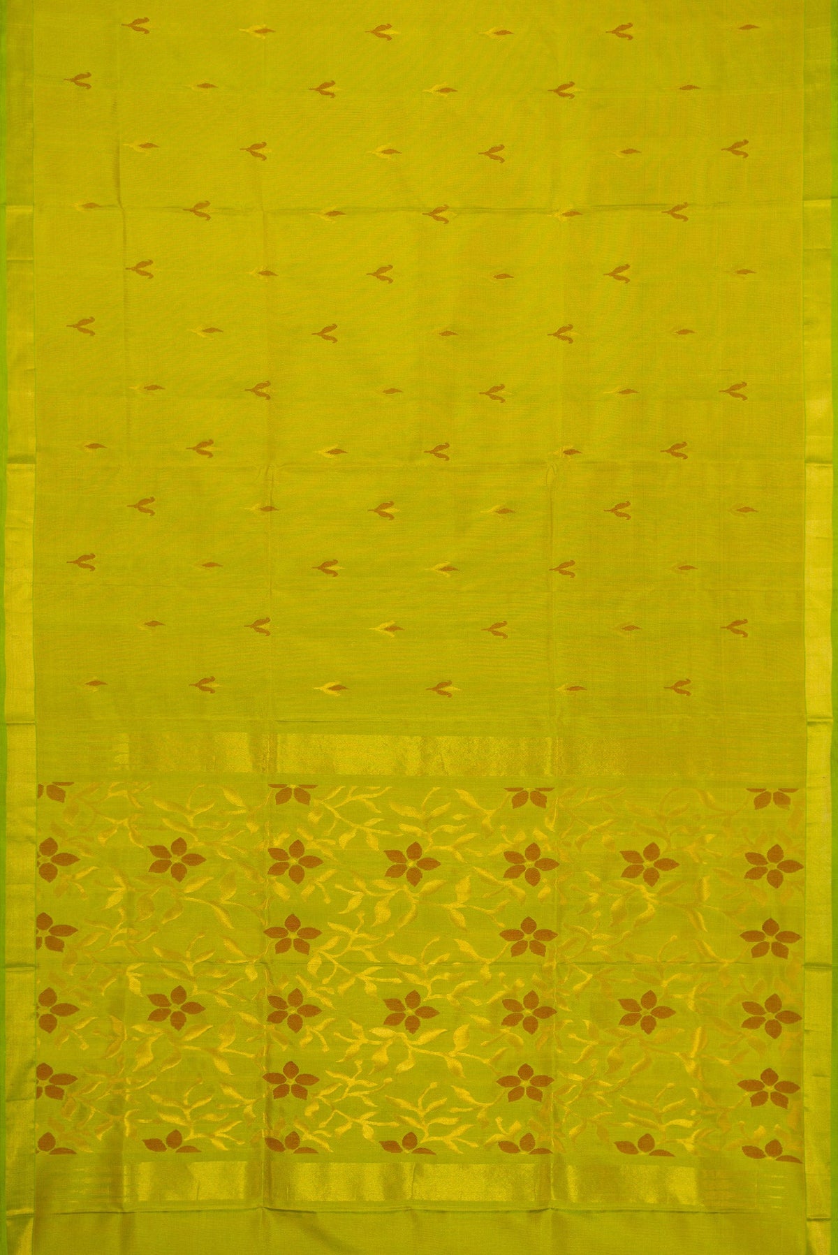 Flat view of Parrot Green Dual Tone Uppada Silk Saree with Zari And Thread Butta on the body and Zari Border. 