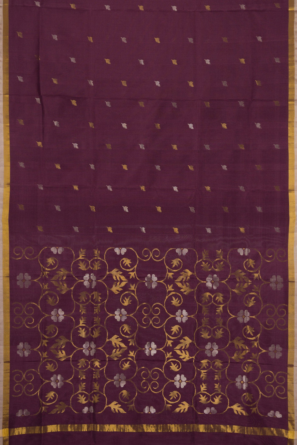 Flat view of Brown Dual Tone Uppada Silk Saree with Zari Butta on the body and Zari Border. 