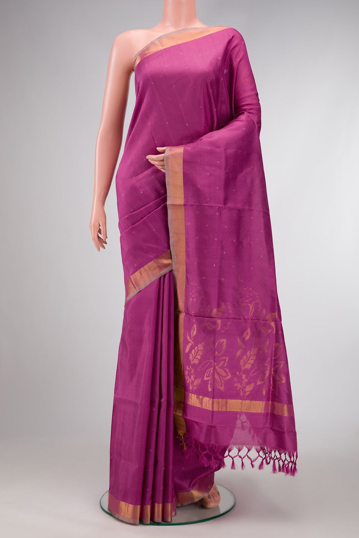 Lavender Dual Tone Uppada Silk Saree with Zari Butta on the body and Zari Border.  displayed on a mannequin
