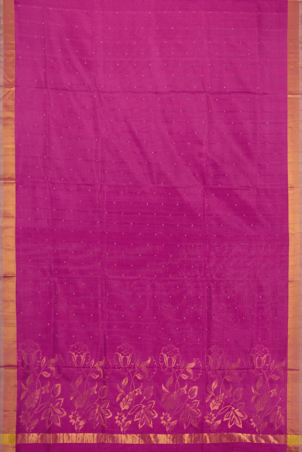 Flat view of Lavender Dual Tone Uppada Silk Saree with Zari Butta on the body and Zari Border. 