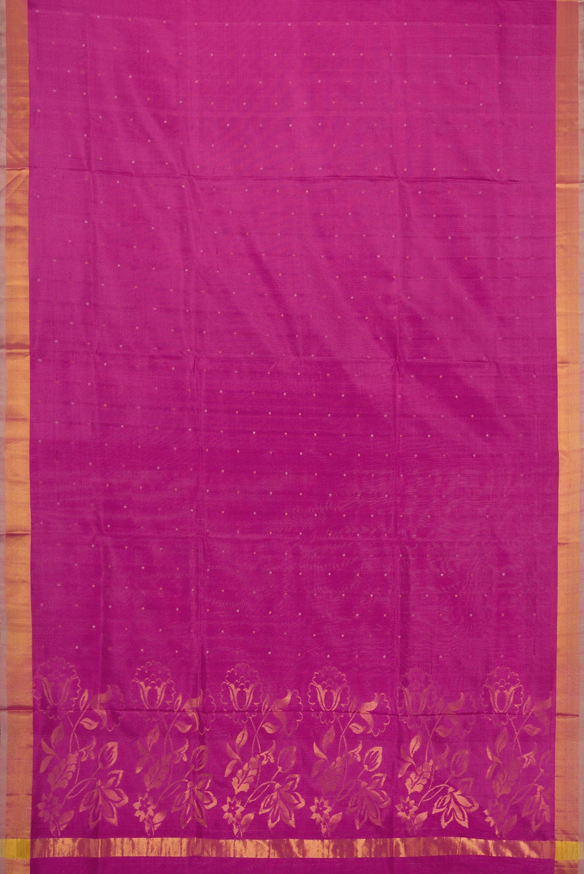 Flat view of Lavender Dual Tone Uppada Silk Saree with Zari Butta on the body and Zari Border. 