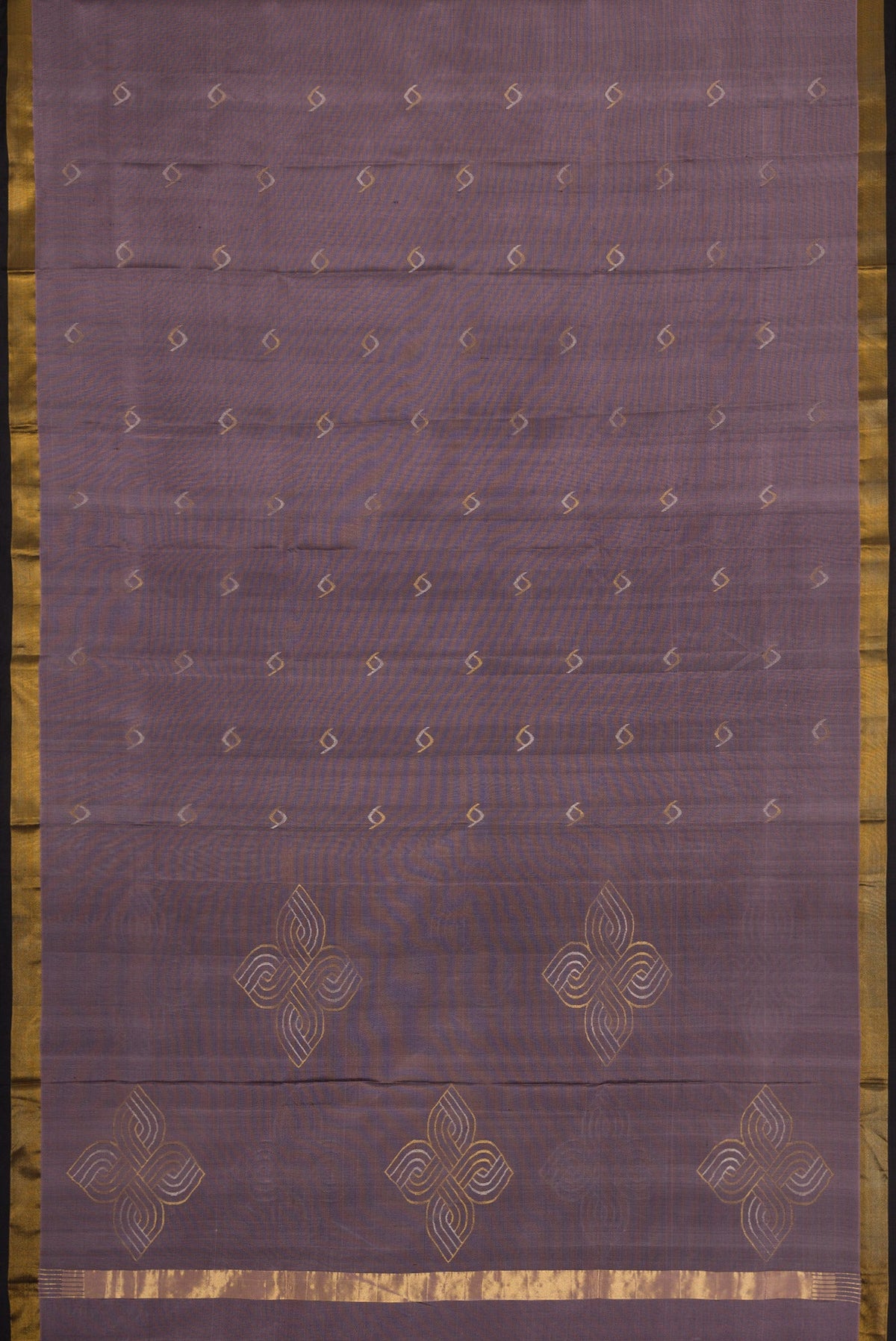 Flat view of Lavender Dual Tone Soft Silk Saree with Zari Butta on the body and Zari Border. 