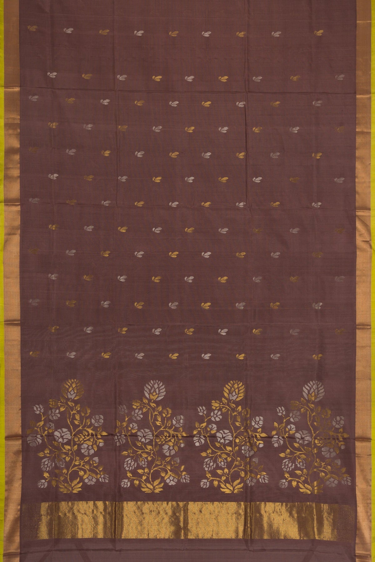 Flat view of Brown Dual Tone Soft Silk Saree with Zari Butta on the body and Zari Border. 