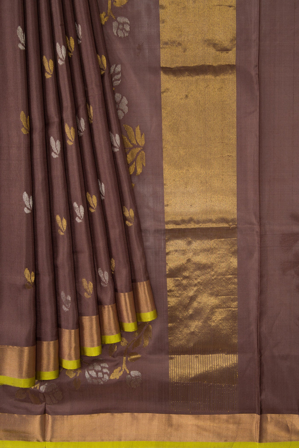 Pleats and pallu of Brown Dual Tone Soft Silk Saree with Zari Butta on the body and Zari Border. 
