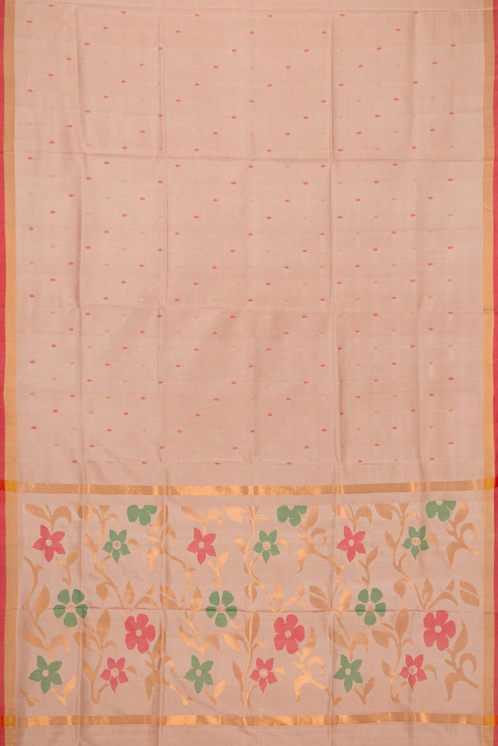 Flat view of Dark Beige Dual Tone Uppada Silk Saree with Zari And Thread Butta on the body and Zari Border. 