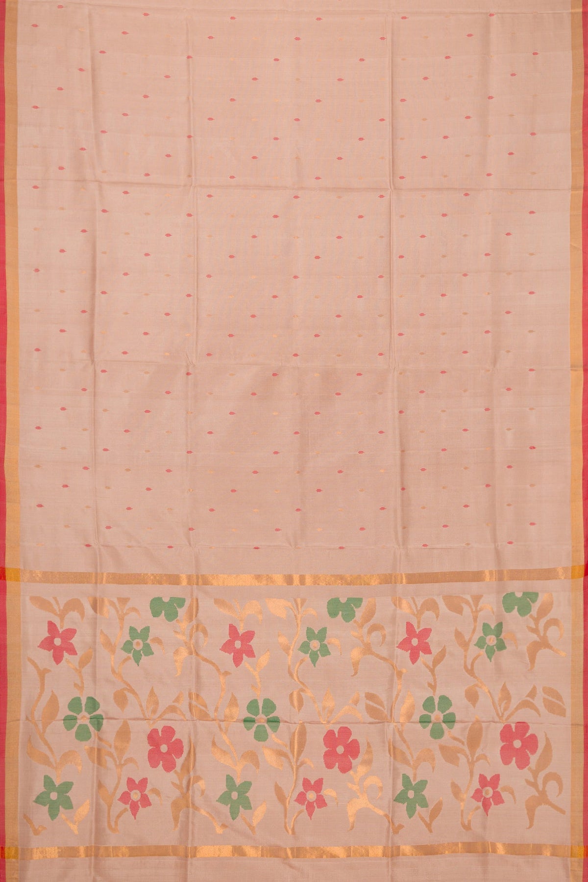 Flat view of Dark Beige Dual Tone Uppada Silk Saree with Zari And Thread Butta on the body and Zari Border. 