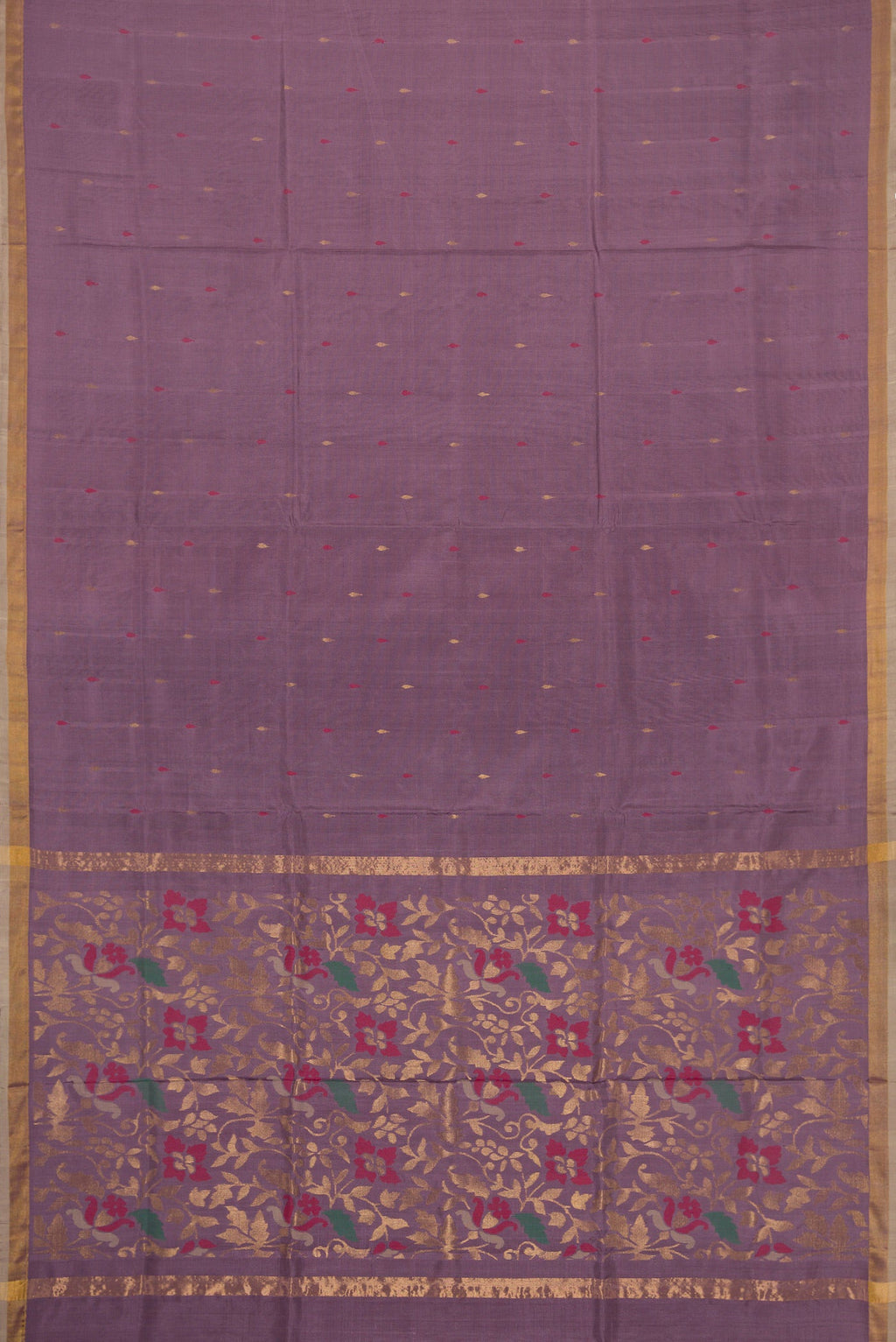 Flat view of Purple Dual Tone Uppada Silk Saree with Zari And Thread Butta on the body and Zari Border. 