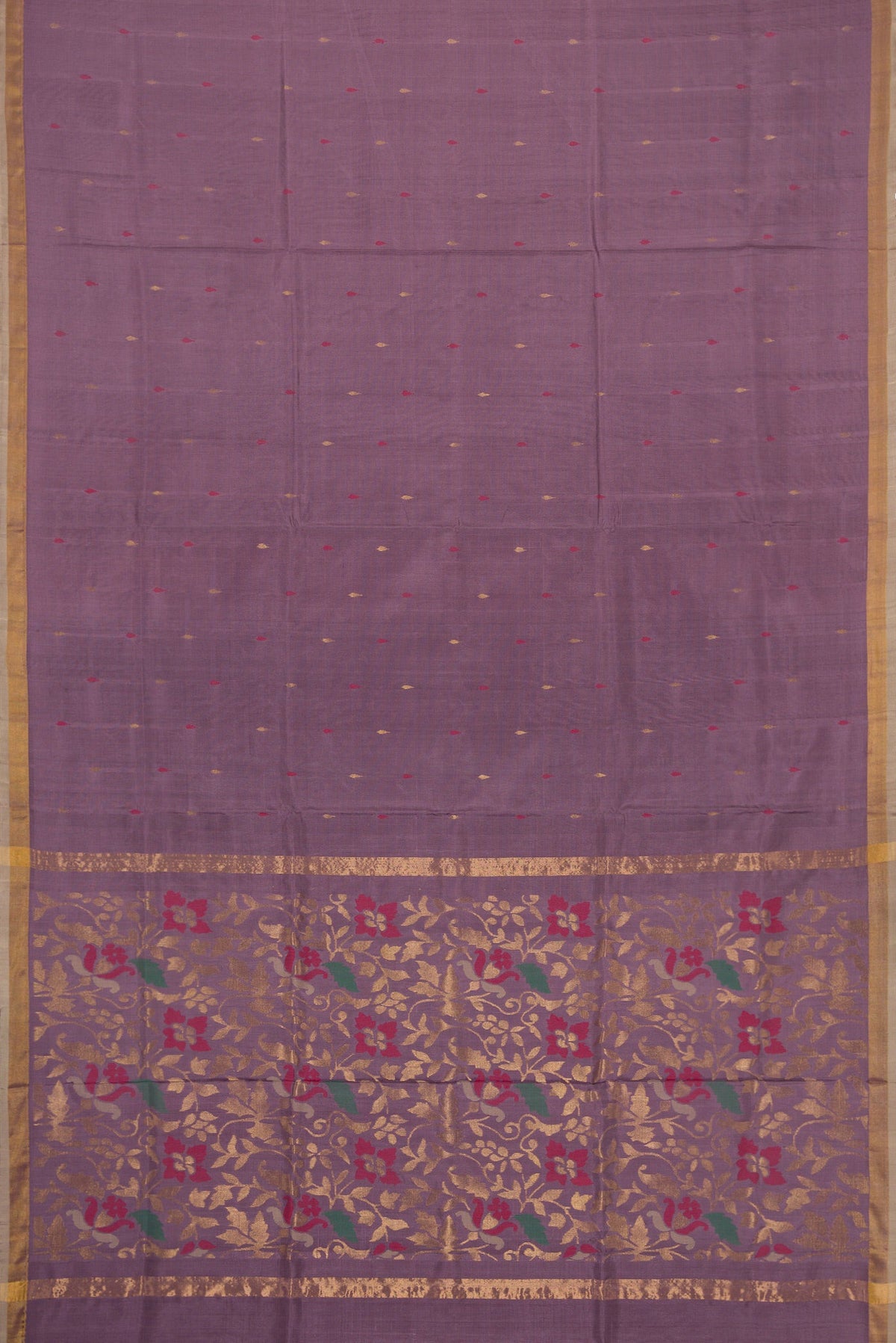 Flat view of Purple Dual Tone Uppada Silk Saree with Zari And Thread Butta on the body and Zari Border. 