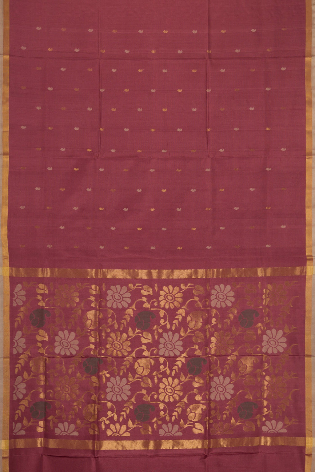 Flat view of Brown Dual Tone Uppada Silk Saree with Zari Butta on the body and Zari Border. 