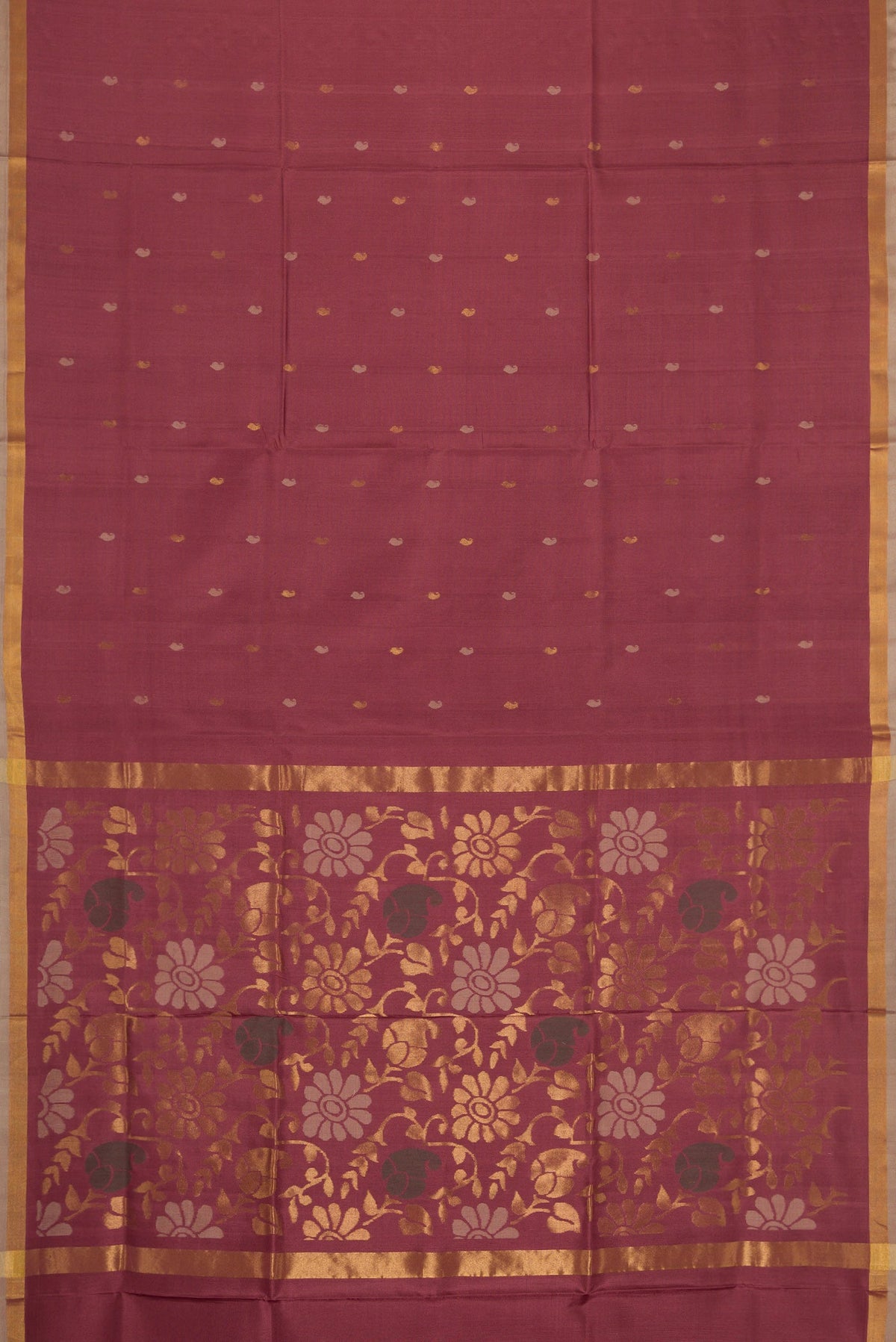 Flat view of Brown Dual Tone Uppada Silk Saree with Zari Butta on the body and Zari Border. 