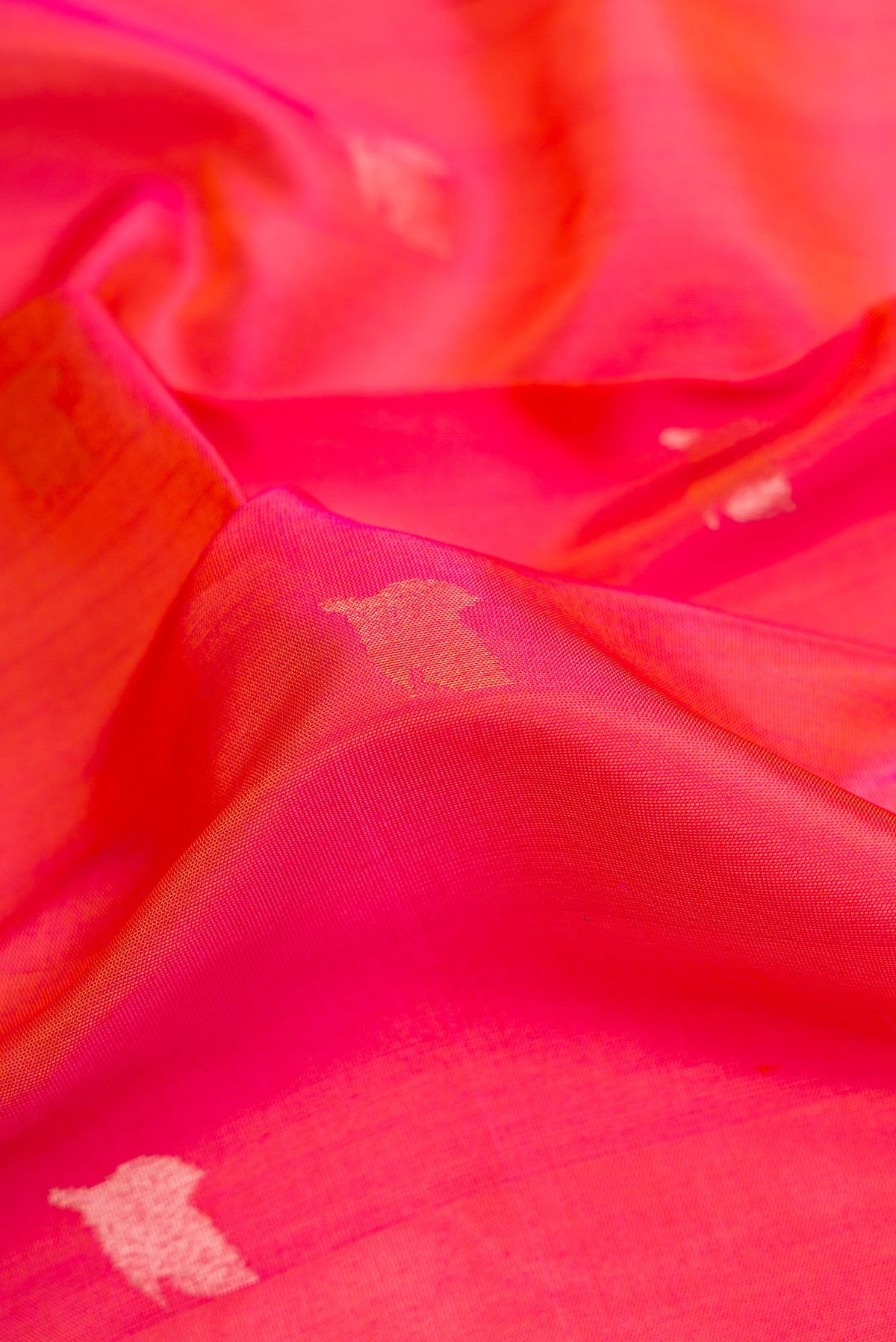 Close up of Coral Dual Tone Uppada Silk Saree with Zari Butta on the body and Zari Border.  displaying folds