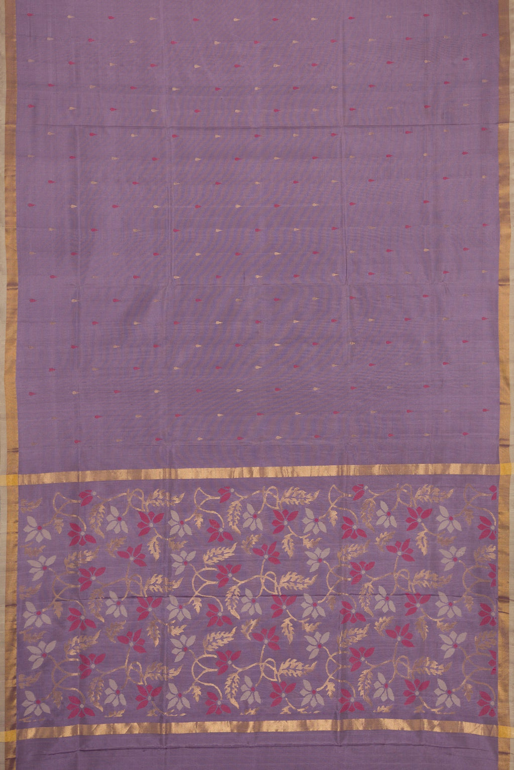 Flat view of Purple Dual Tone Uppada Silk Saree with Zari And Thread Butta on the body and Zari Border. 