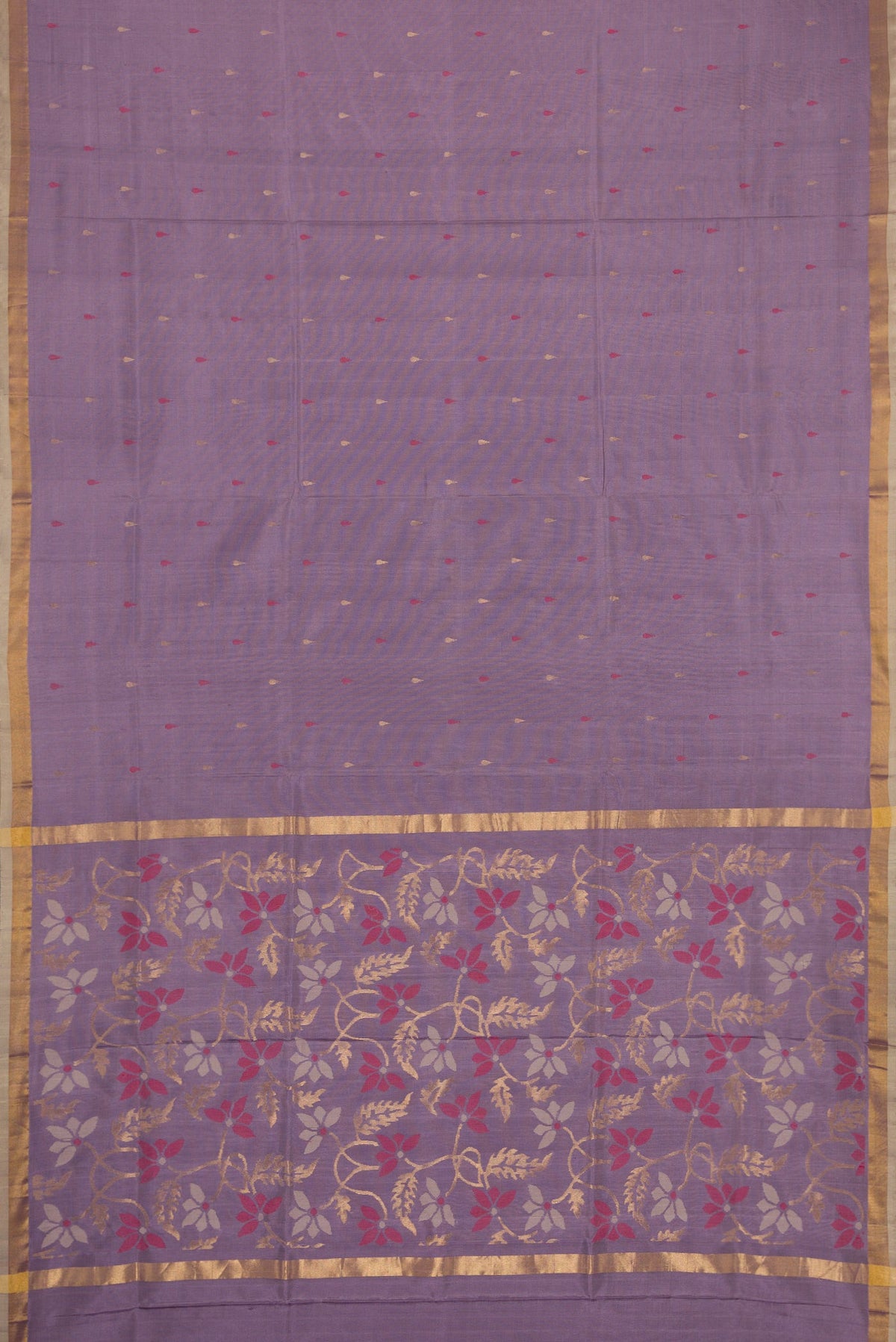 Flat view of Purple Dual Tone Uppada Silk Saree with Zari And Thread Butta on the body and Zari Border. 
