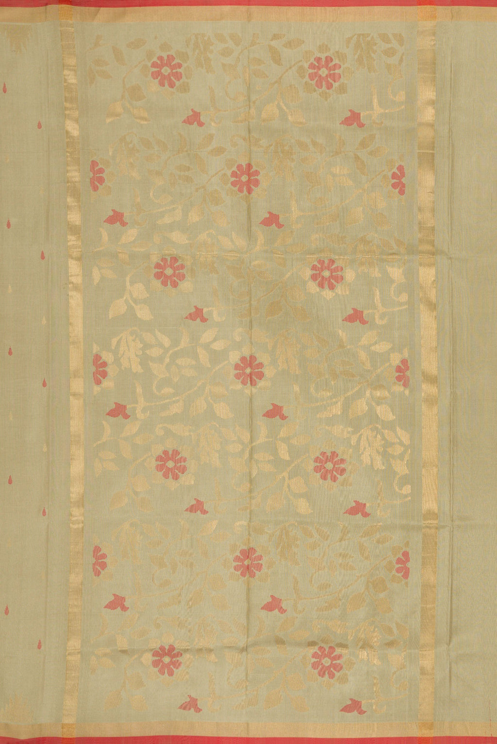 Close up image of the pallu of Beige Dual Tone Uppada Silk Saree with Zari And Thread Butta on the body and Temple Border. 