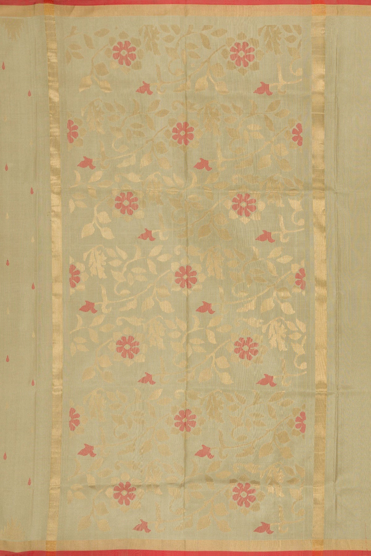 Close up image of the pallu of Beige Dual Tone Uppada Silk Saree with Zari And Thread Butta on the body and Temple Border. 