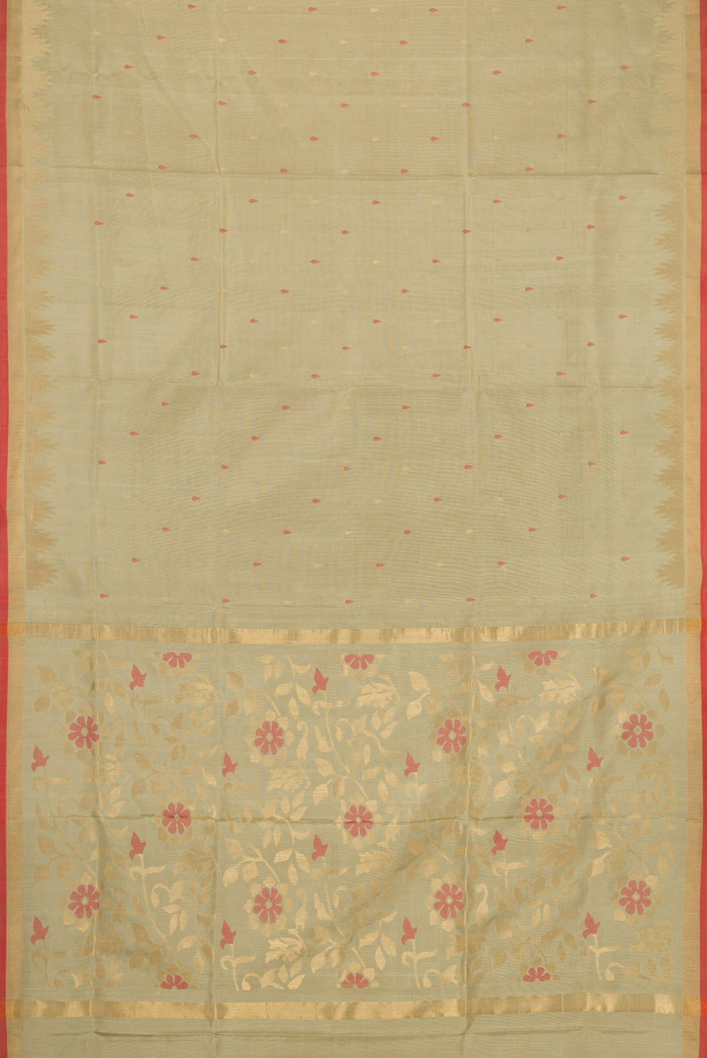 Flat view of Beige Dual Tone Uppada Silk Saree with Zari And Thread Butta on the body and Temple Border. 