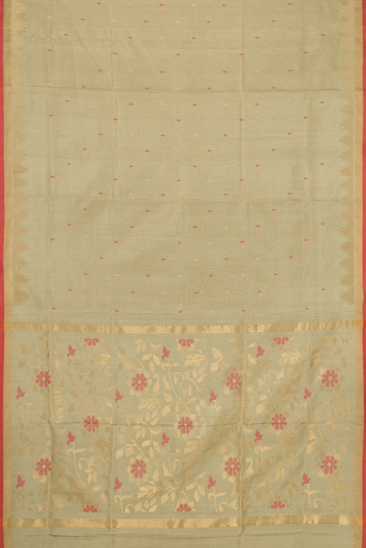 Flat view of Beige Dual Tone Uppada Silk Saree with Zari And Thread Butta on the body and Temple Border. 