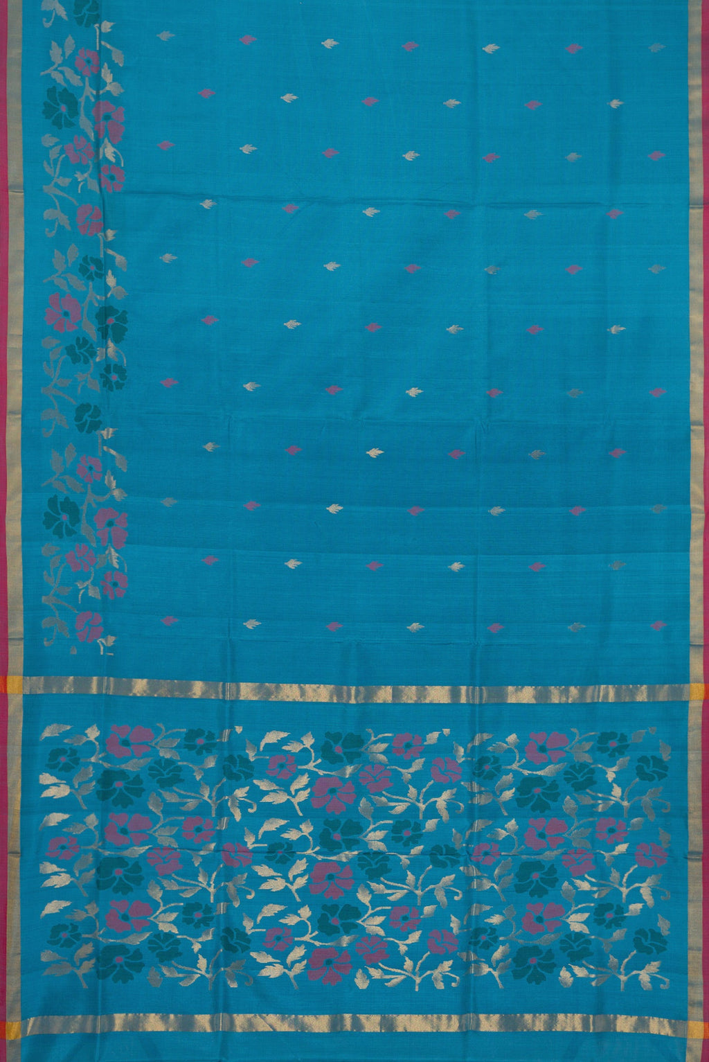 Flat view of Sky Blue Dual Tone Uppada Silk Saree with Zari And Thread Butta on the body and Fancy Border. 
