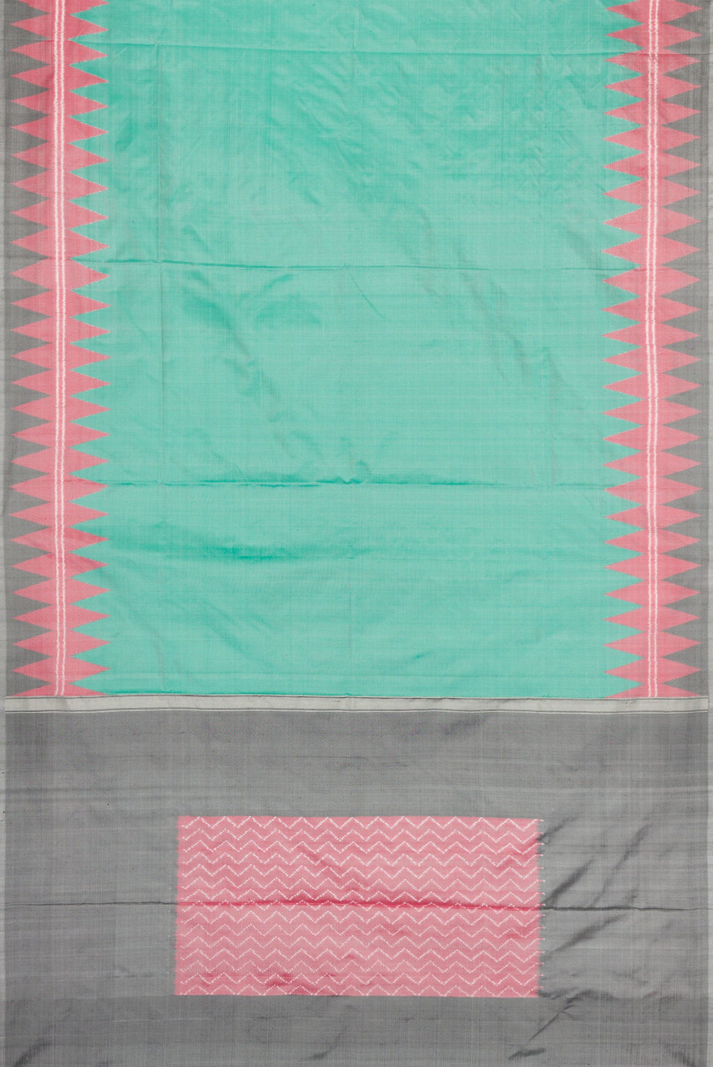 Flat view of Green Dual Tone Double Ikat Saree with Plain Body and Temple Border. 