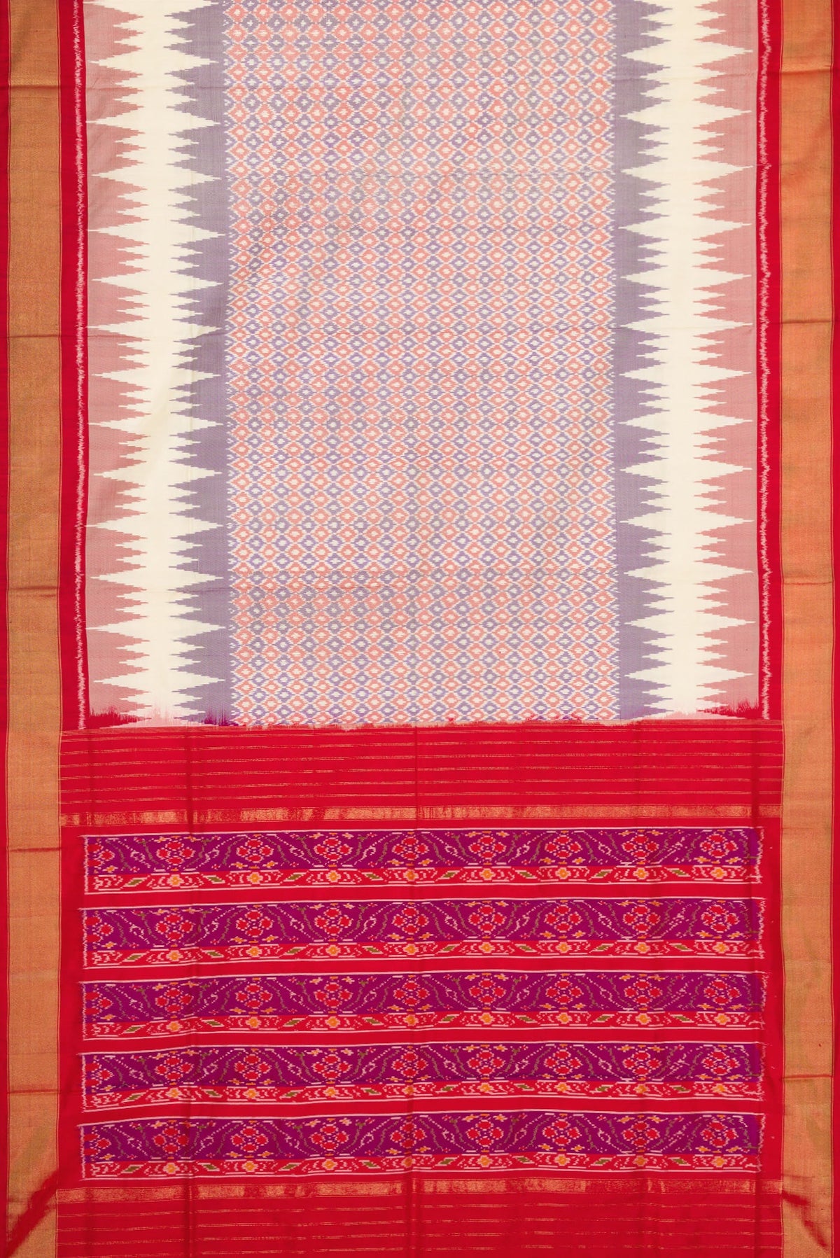 Flat view of Lilac Dual Tone Double Ikat Saree with Ikat Print on the body and Zari Border. 