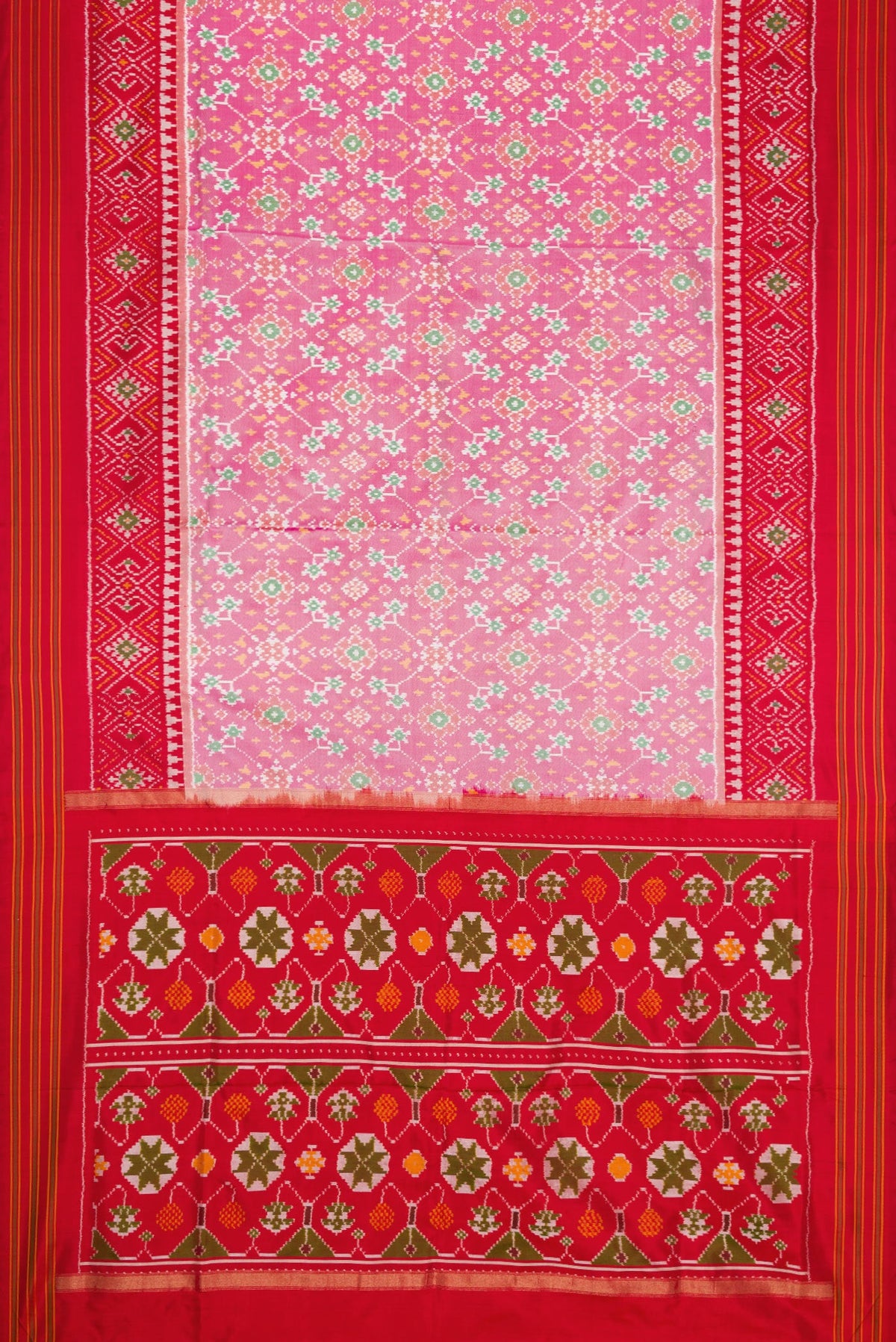 Flat view of Pink Dual Tone Double Ikat Saree with Ikat Print on the body and Ikat Border. 