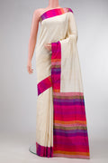 Off White Dual Tone Double Ikat Saree with Plain Body and Ikat Border.  displayed on a mannequin